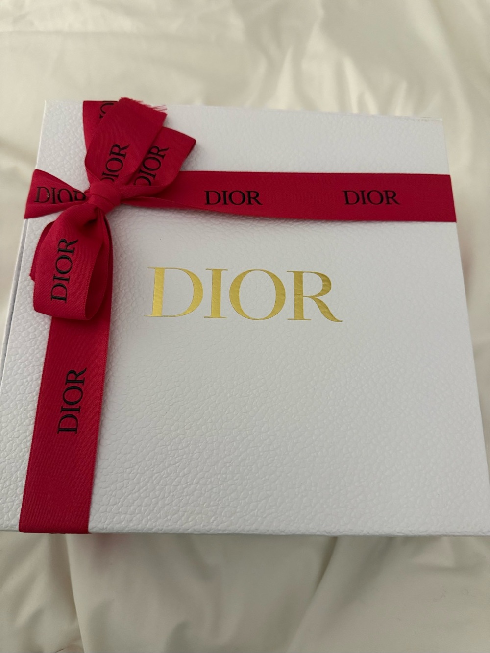 Dior White Box with Gold Logo and Red Ribbon